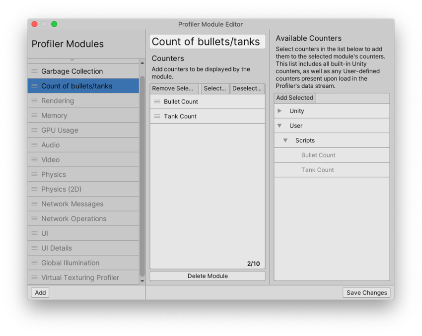 Profiler Module Editor with User counters listed.