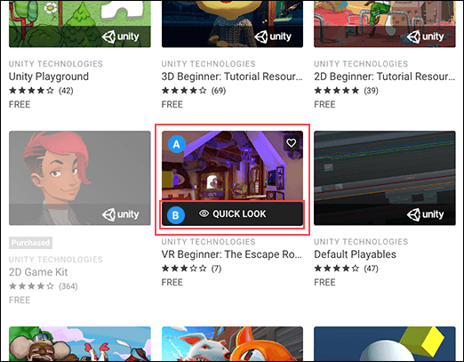 Hover over Asset Store package thumbnails (A) to see the Quick Look link (B)