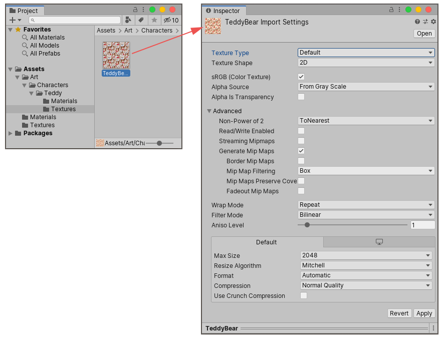 Clicking on an image asset in the Project window shows the import settings for that asset in the Inspector