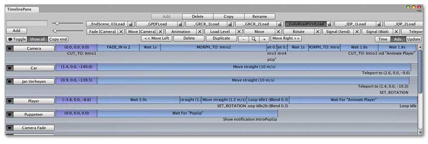 Custom Editor Interface by Serious Games Interactive used for scripting cutscene actions