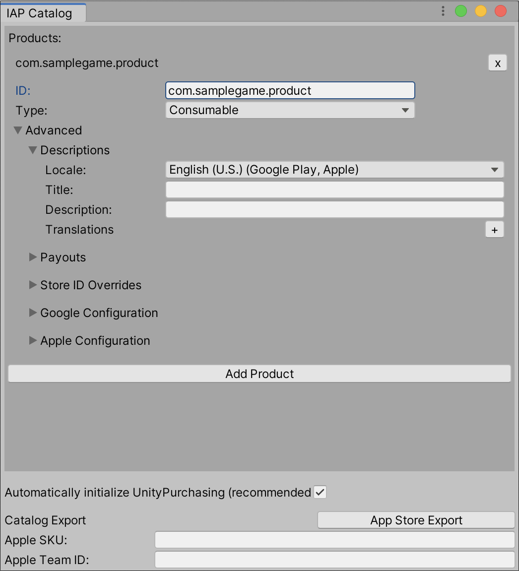 The IAP Catalog GUI in the Unity Editor