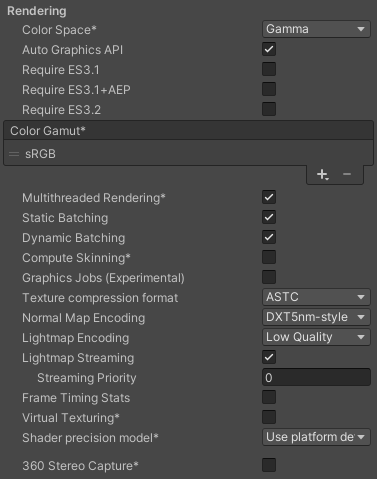 Rendering settings for the Android platform