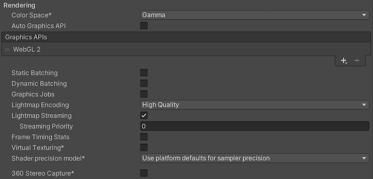 Rendering Player settings for the WebGL platform