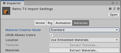 The Materials tab defines how Unity imports Materials and Textures