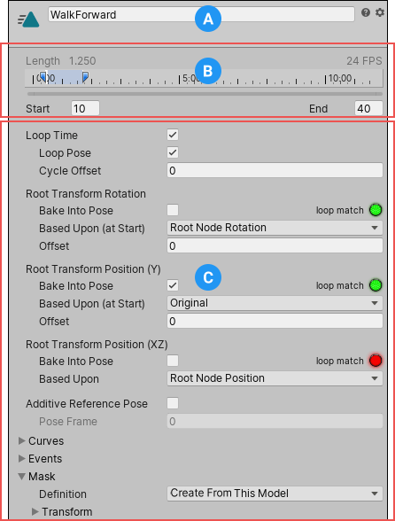 Import options for the selected Animation clip