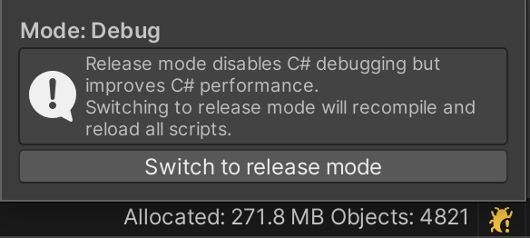 The Debug Mode popup, which shows the current mode, allows you to switch modes, and describes what happens if you switch mode.