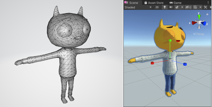 Left: A 3D polygon mesh for a player character. Right: The player mesh rendered in Unity with materials