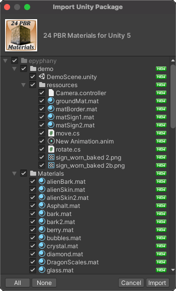 New install Import Unity Package dialog box