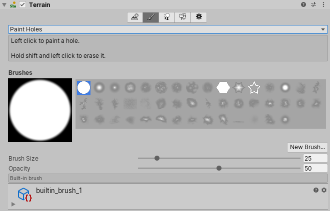 Paint Holes tool in the Terrain Inspector