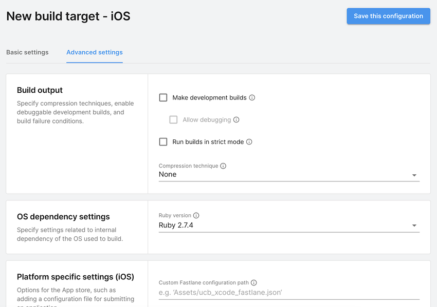 Target setup advanced settings for iOS​