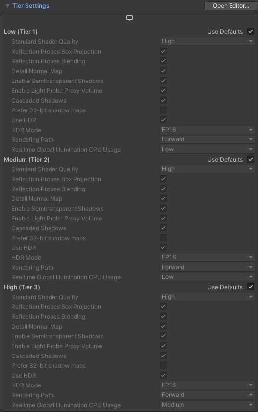 Tier Settings as displayed in the Player settings