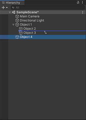 Drag Object 4 (selected) between Object 2 and Object 3 (indicated by the blue horizontal line), to create a sibling GameObject under the parent GameObject Object 1 (highlighted in a blue).