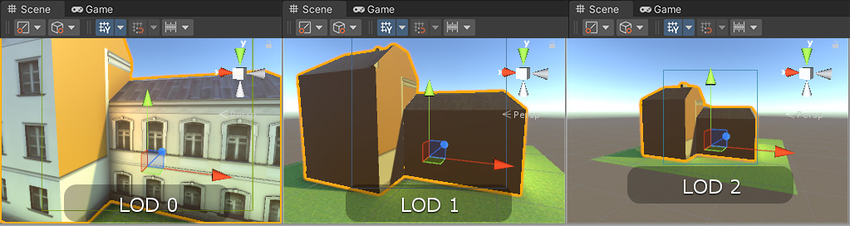 The LOD 1 and LOD 2 models here are lit incorrectly because light probes have not been placed around the model in the scene. They only show direct lighting.