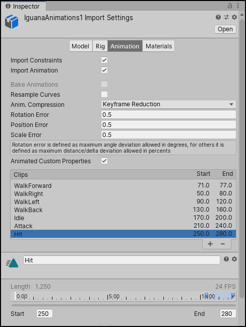 Model file with several animation clips defined