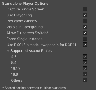 Standalone Player Options settings for the Standalone Player platforms