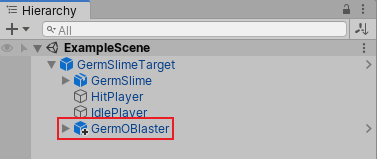The Hierarchy window showing a Prefab instance with a child GameObject called GermOBlaster added as an override.