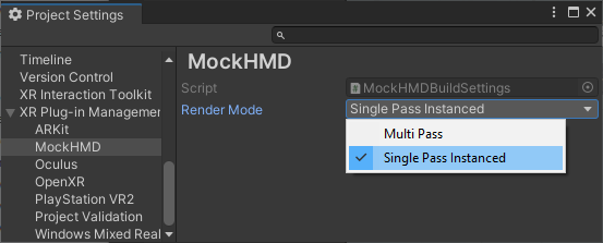 Selecting Single Pass rendering from the Players XR Settings panel