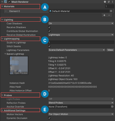 The Mesh Renderer component as it appears in the Inspector window with Receive Global Illumination set to Light Probes.