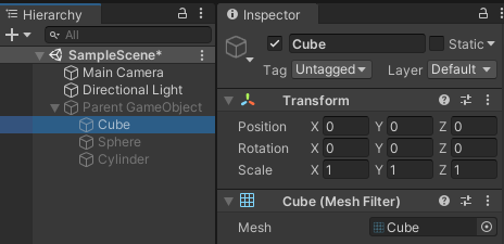 The selected GameObject (Cube) is set as active, but remains inactive because its parent is set to inactive