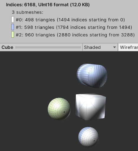 The Shaded view, displaying a mesh with three submeshes and the legend that shows their colors