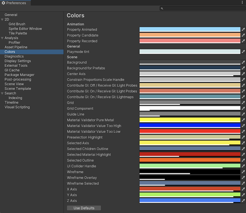 Colors scope on the Preferences window