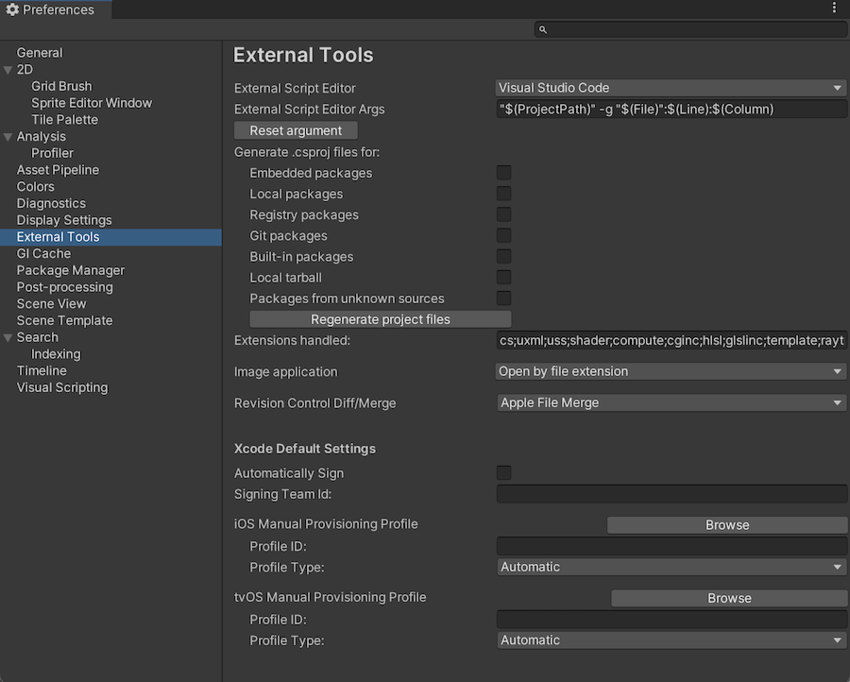 External Tools scope on the Preferences window