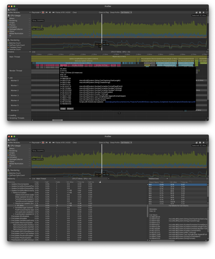 Profiler window in Timeline view with GC.Alloc sample selected (top), and with the same sample selected in Hierarchy view.