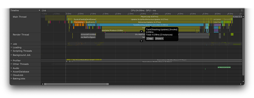 CPU Usage module in Timeline view, with a selected item