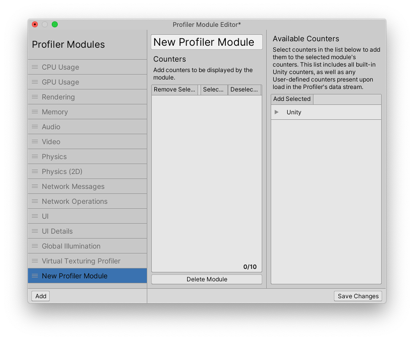 The Profiler Module Editor window, with a new module selected