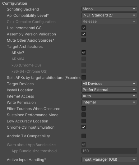 Unity Manual Android Player Settings