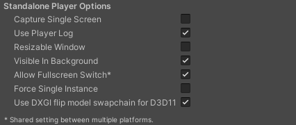 Standalone Player Options settings for the Standalone Player platforms