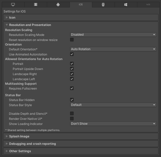 Resolution Scaling player settings for the iOS platform