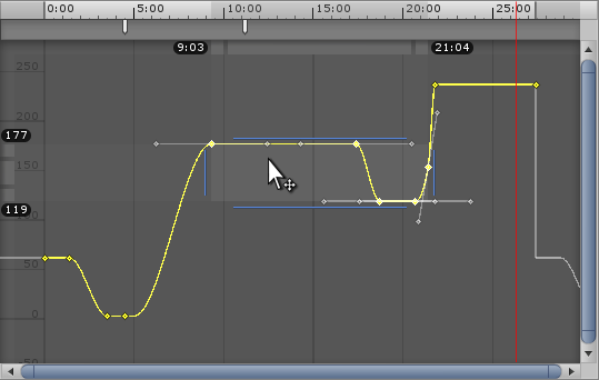 Dragging a selection of keys. Note the start and end times of the selection displayed under the top timeline bar.