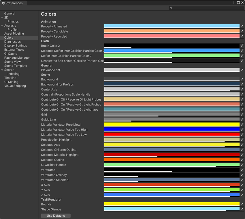 Colors scope on the Preferences window