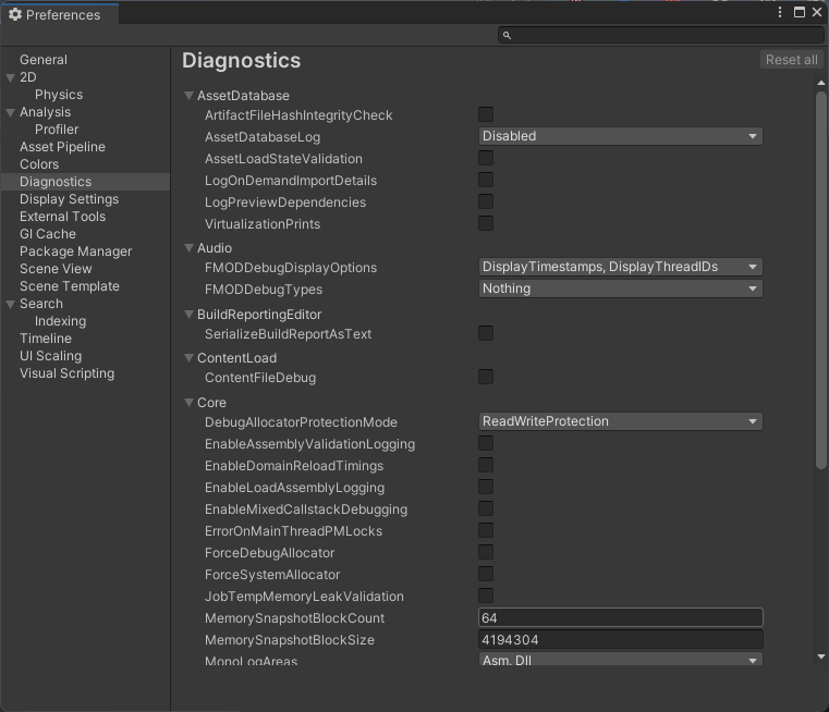 Diagnostics on the Preferences window