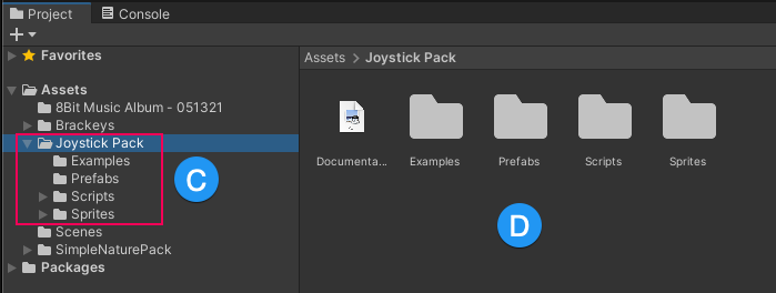 The Project window with an assets folder selected (C) and its contents (D)