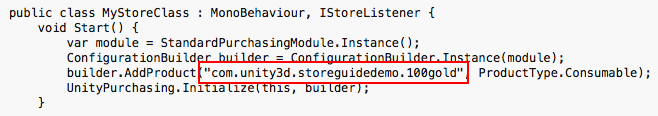 Example games product identifier: com.unity3d.storeguidedemo.100gold