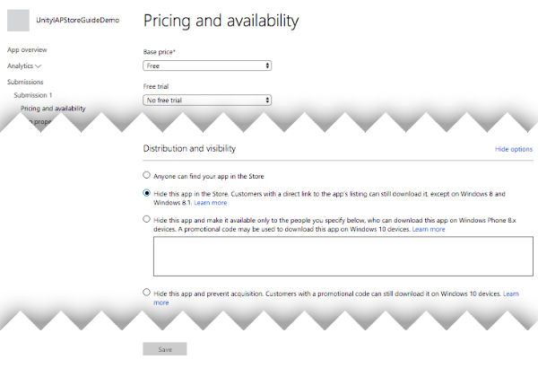 Distribution and visibility options, with Hide selected.