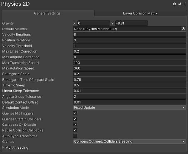 Physics 2D Inspector settings