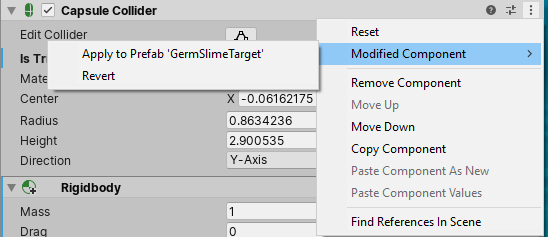 Context menu for modified component