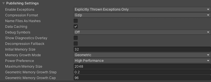 Publishing settings for the WebGL platform