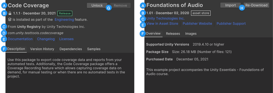Package details for a Unity Package Manager (UPM) package (left) and an asset package (right)