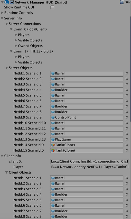 In Play Mode, the Network Manager HUD component displays additional information about the state of the game and the GameObjects that have spawned.