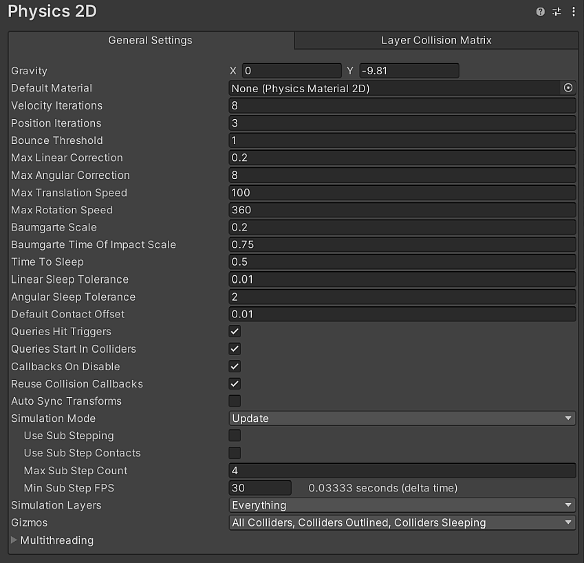 Physics 2D Inspector settings