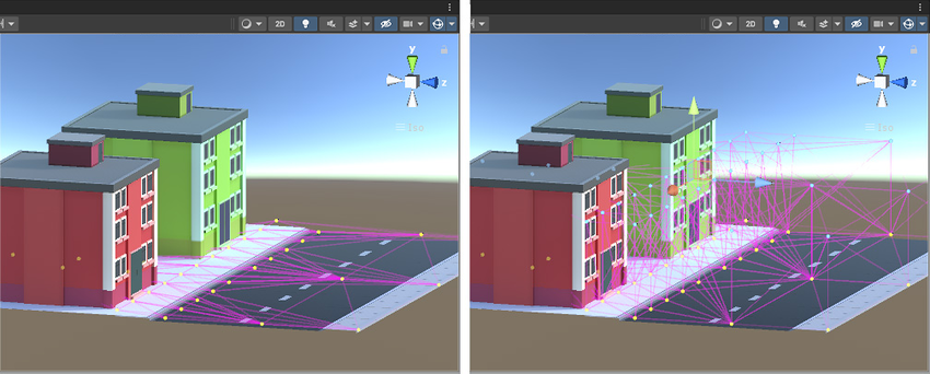 The left image shows a bad choice of Light Probe positions, because there is no height to the volume defined by the Light Probes. The right image shows a good choice of Light Probe positions.