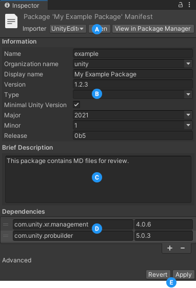 Inspecting a package manifest in the Editor