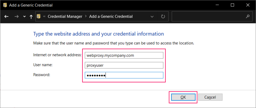 Type the proxy address and your credentials in Windows Credential Manager