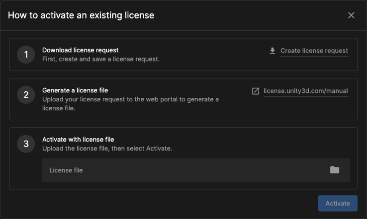 Activate a license by generating a license request from the Unity Hub