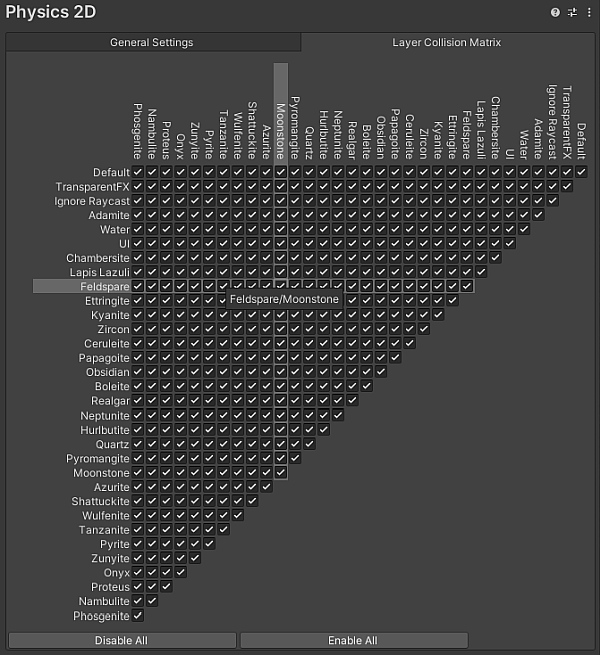 The Layer Collision Matrix tab.