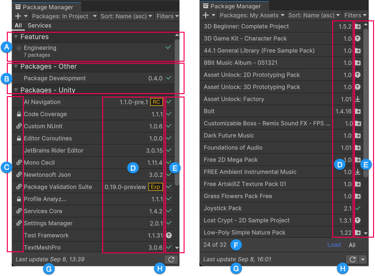 The image on the left displays all features sets and packages installed in your project, and the image on the right displays all Asset Store packages